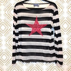 Vintage‎ Y2K The Look Striped Mesh Top Women L Black White Red Sequin Star Indie